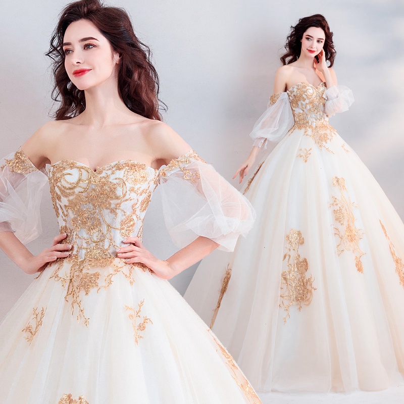 

Fairy temperament palace style gold three-dimensional embroidery bride perspective long sleeve wedding dress 8099