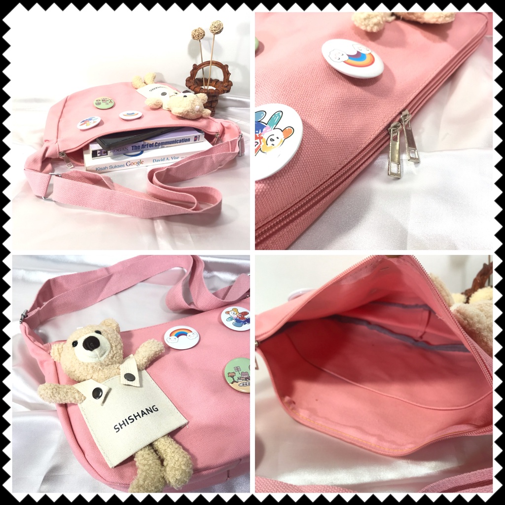 Tas Selempang Sling Messenger Bag Wanita Bahan Kanvas Boneka Bear Beruang dan Bros Lucu Janice