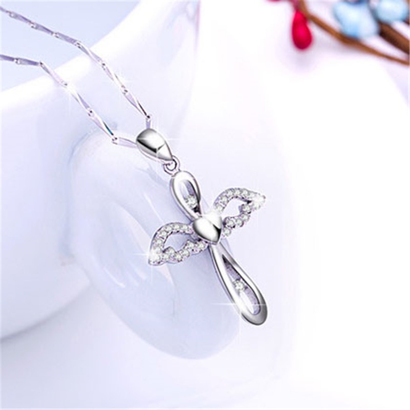 [Ready Stock]Fashion Silver Plated Cross Pendant Angel Wings Necklace