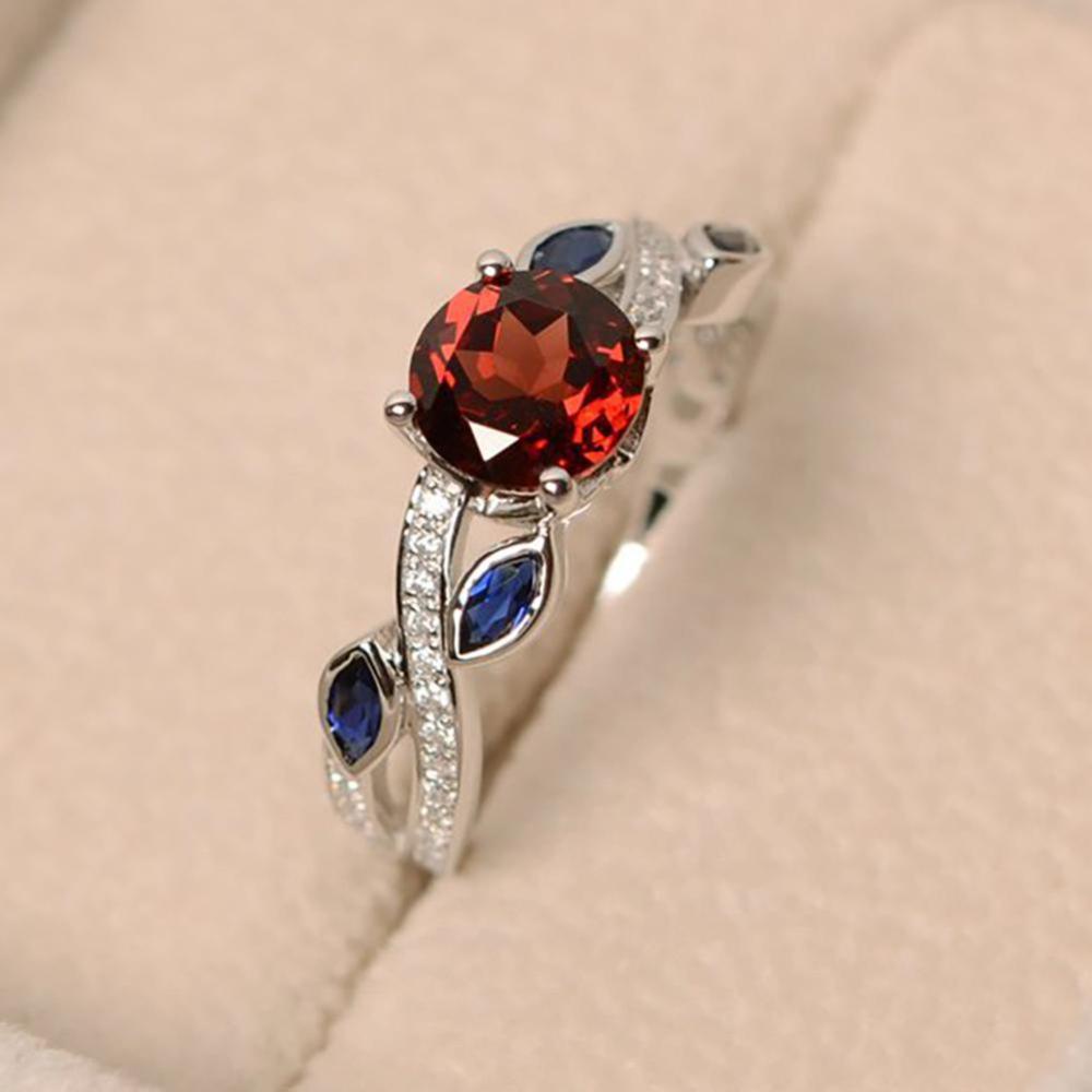 Timekey Cincin Wanita Desain Daun Hias Cubic Zirconia Sapphire Merah Untuk Pertunanganpernikahan A3K1