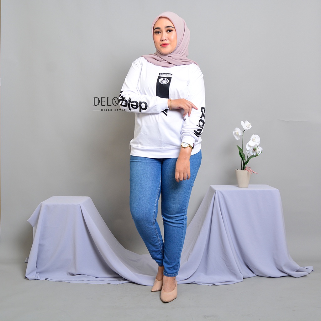 Sweetshirt Wanita Sablon Atasan Wanita Kaos Lengan Panjang Terbaru Blouse Jumbo Original Deloza Rib