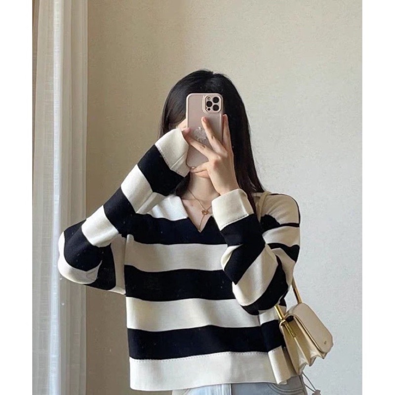 Blouse Crop Top Polo Sweater stripe byadinda rajut fuji Knit Korea