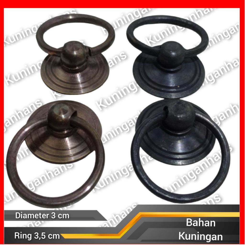 (100 pcs) tarikan laci antik ring cicin 3,5 cm D3cm kuningan full antik klasik unik kuno pintu lemar