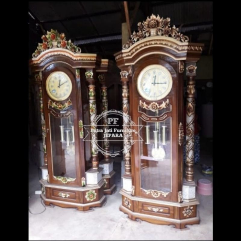 Jam mawar hias kayu jati - Almari jam masjid besar ukir Jepara