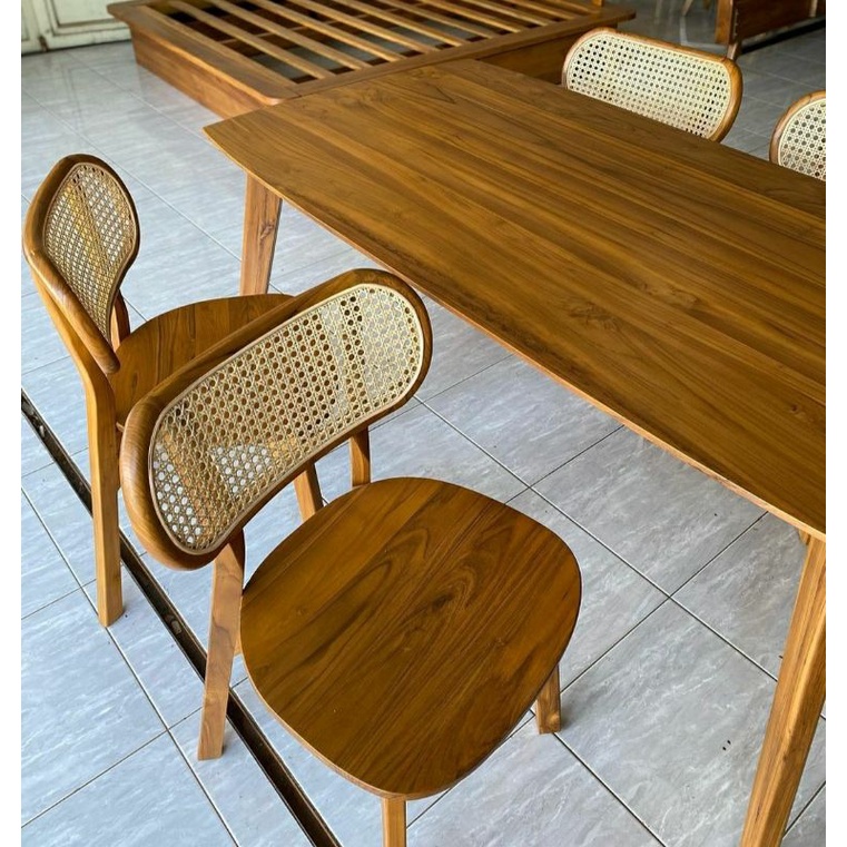 1 SET KURSI MAKAN ROTAN CAFE MINIMALIS RETRO NATURAL VINTAGE BAHAN KAYU JATI TUA DINNING CHAIR FURNITURE JEPARA-2