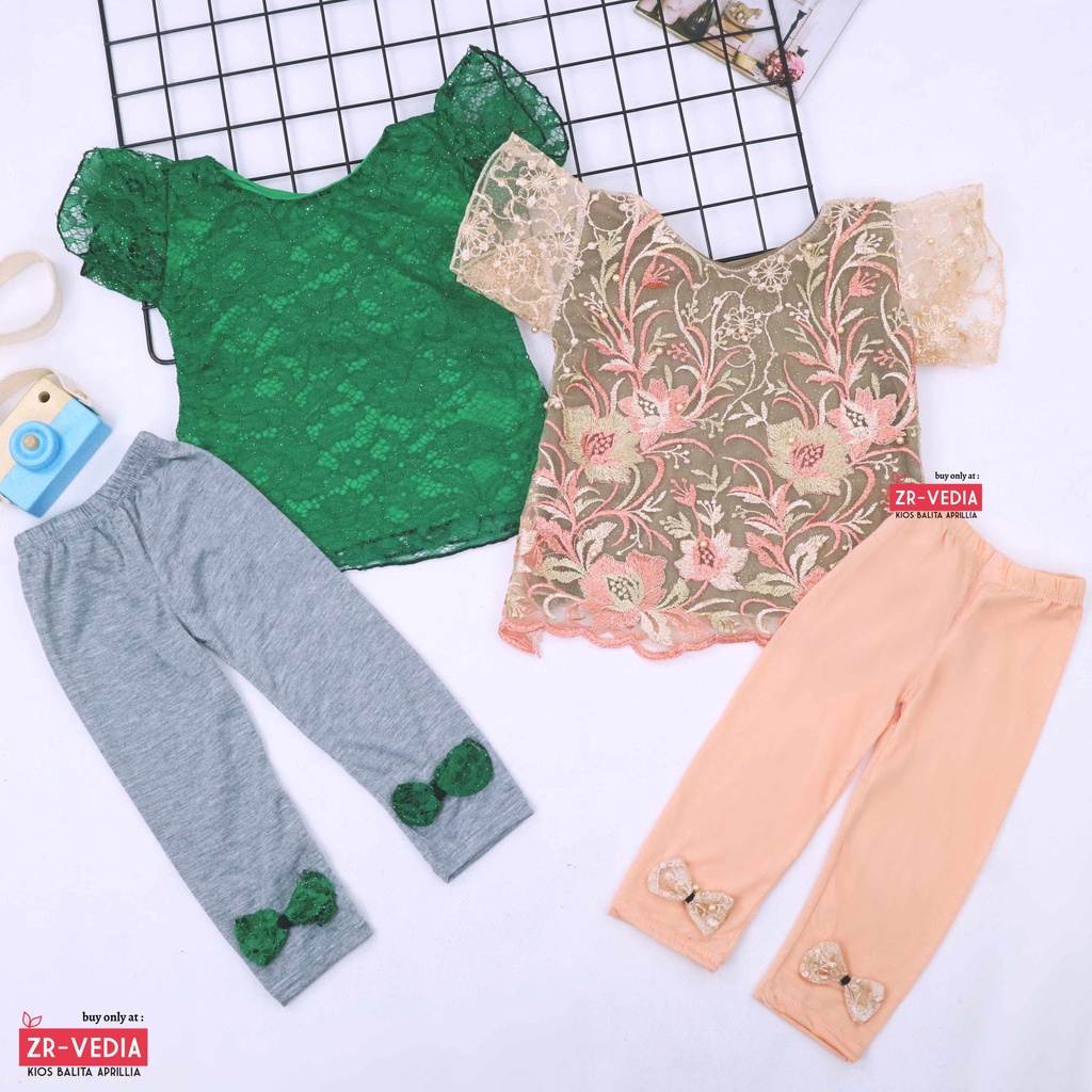 Setelan Seline uk 1-2 Tahun / Set Brukat Anak Perempuan Import Atasan Lengan Legging Polos Branded