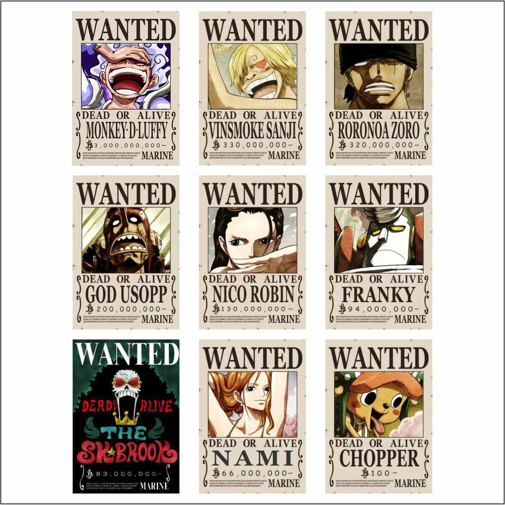 Poster One Piece dan BOUNTY POSTER WANTED karakter One Piece Mugiwara BEFORE TIME SKIP SNK S2 SNK S3