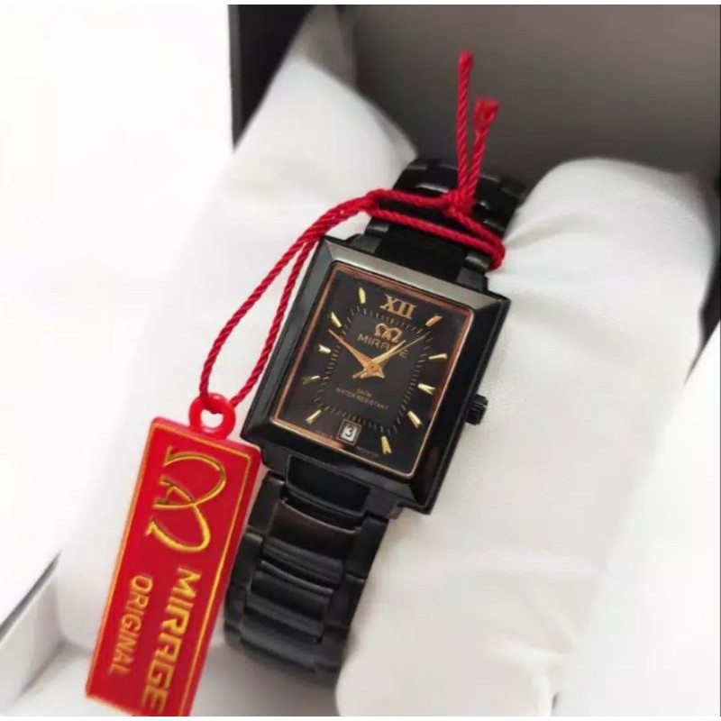 jam tangan wanita;MIRAGE M7395BSP-Msegi hitam full~ORIGINAL WATER RESISTANT~TGL~STAINLEES