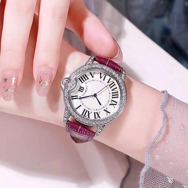 Jam Tangan Wanita Strap Kulit Dial Bulat Romawi Analog Fashion Quartz Korean Import