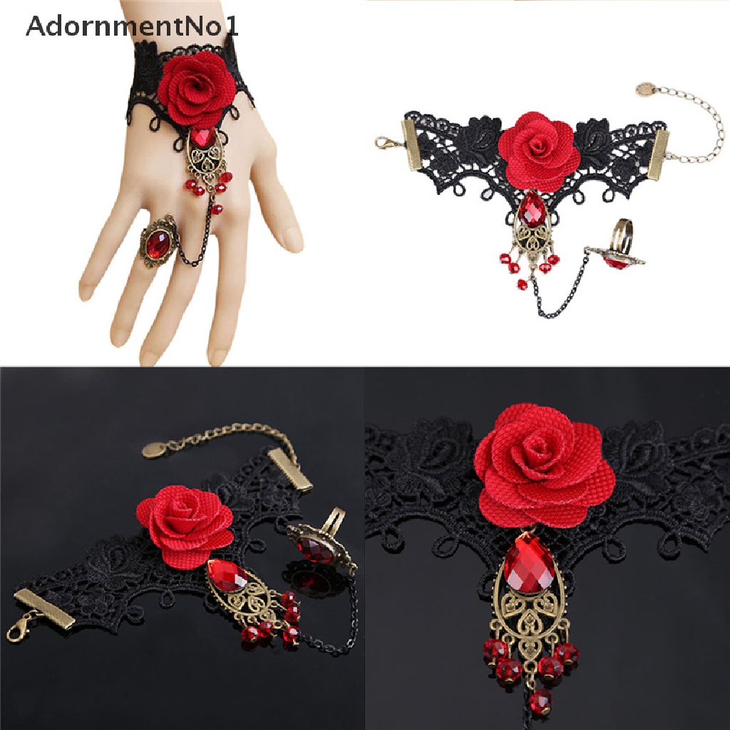 (AdornmentNo1) Gelang Tangan Lace + Cincin Adjustable Motif Bunga Mawar Merah Gaya Gothic Untuk Wanita