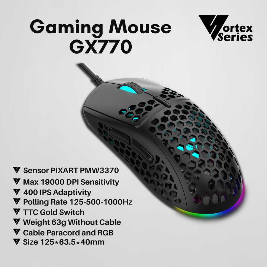 Mouse Gaming Vortex GX770 RGB - Honeycomb PMW3370 Sensor