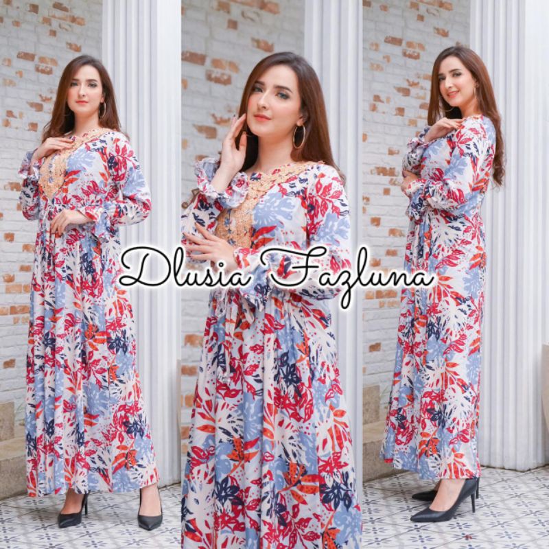 Daster arab Dlusia FAZLUNA Gamis Rayon Maxi Dress Rayon motif Renda Milo premium