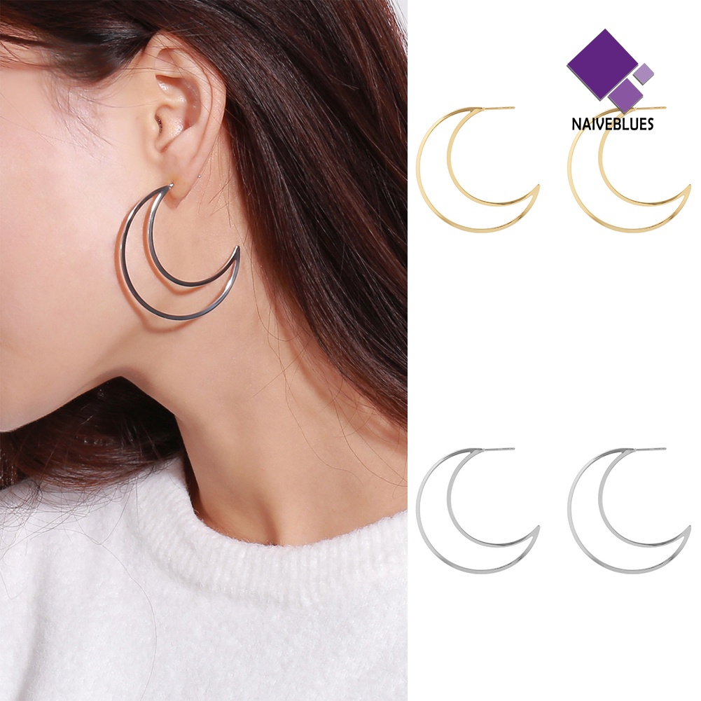 Anting Stud Bentuk Bulan Besar Model Hollow Untuk Wanita