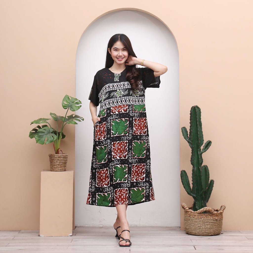 Daster Batik VALENTINA - Lengan Pendek - Motif Abstrak - Leher Kancing - Bumil - Busui