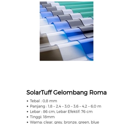 Fiber Gelombang Solartuff / Polycarbonate Gelombang Roma clear bening Atap Plastik