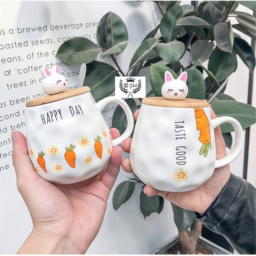 Cangkir Keramik Happy Day Gift Set Ceramic Mug 400 ml dengan Tutup dan sendok