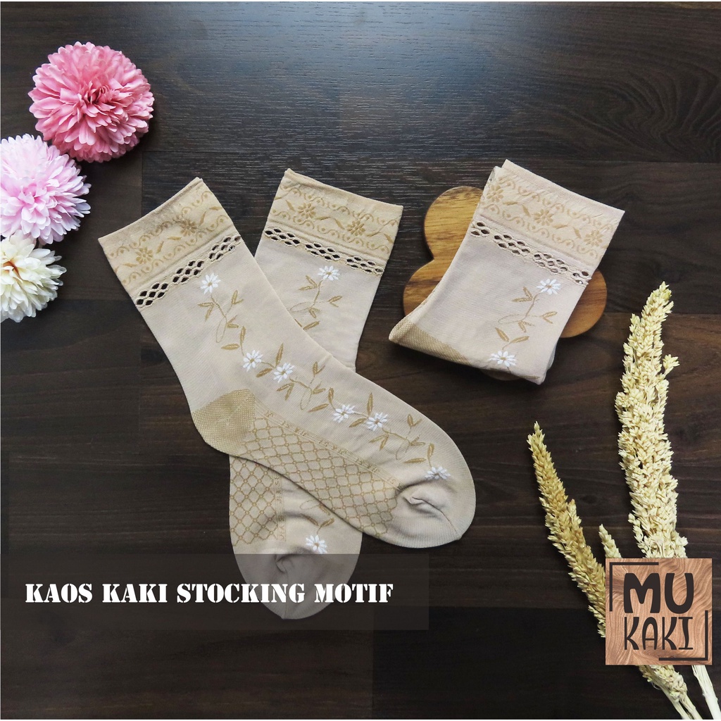 Kaos Kaki Stocking Motif Bunga Bordir Wanita Mukaki