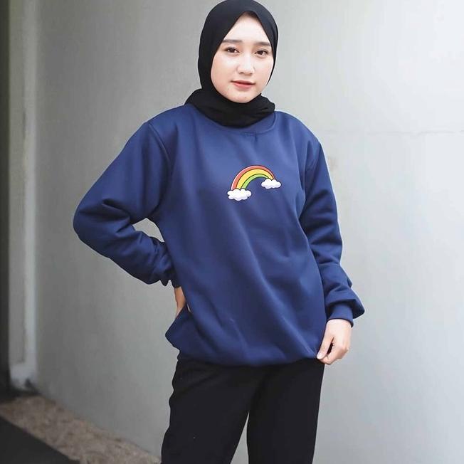 Sweater Rainbow Cloud Wanita Oversize M - Xxl Fleece