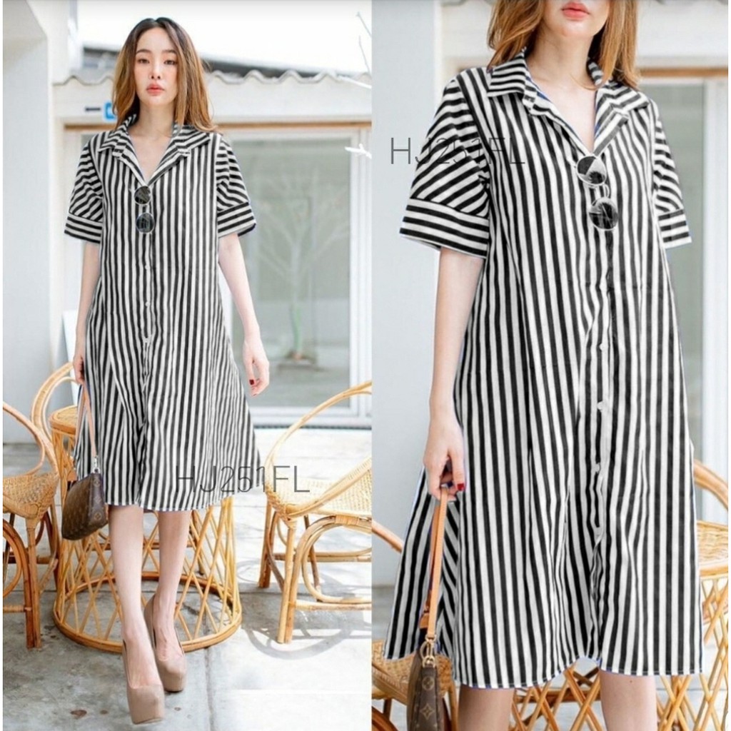 [VLFK] Longhem Fanela / Kemeja Panjang / Tunik Panjang / Tunik Korea Wanita / Tunik Panjang Salur