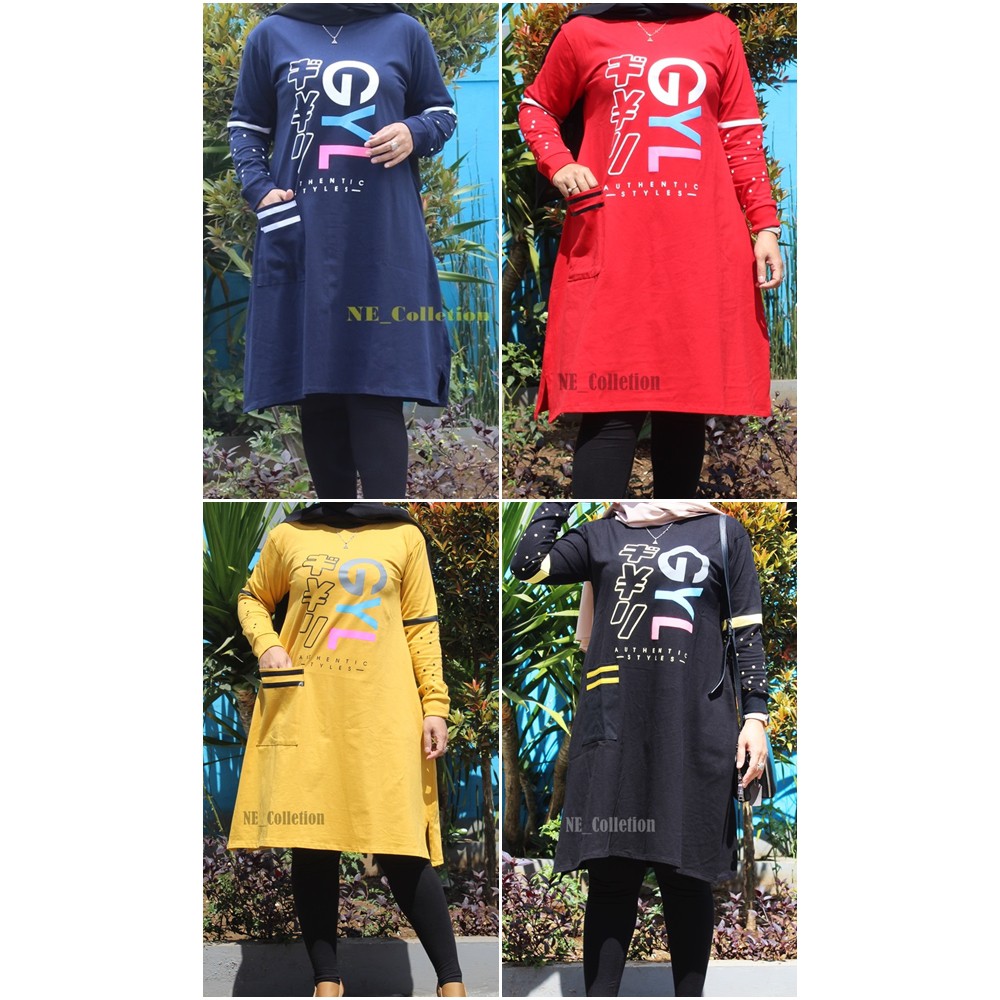 Atasan Muslimah Trendy Kaos Tunik Lengan Panjang / Baju Tunik GYL Bahan Combed Premium