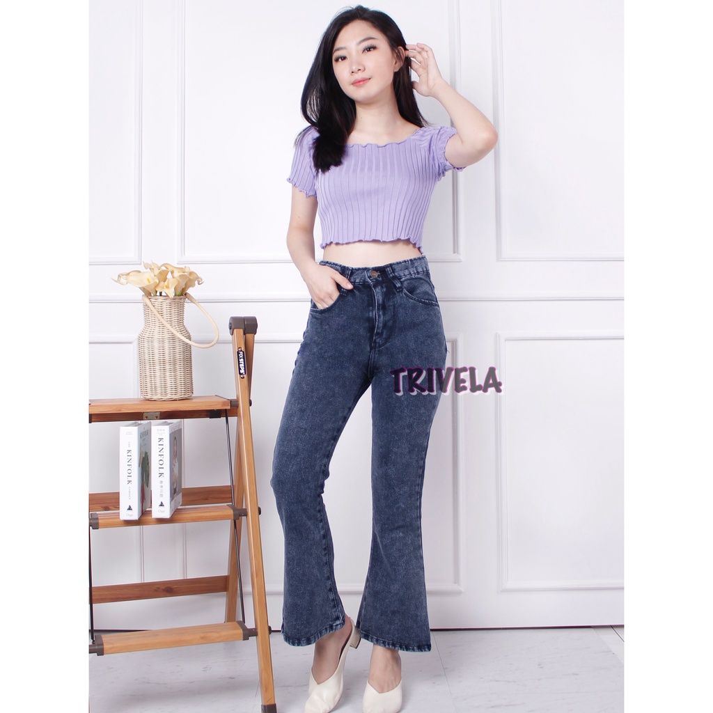 TRIVELA (FREE BELT) - Boyfriend Hw Cutbray Jeans Tebal /. Cutbray Jeans Tebal Highwaist / Avici