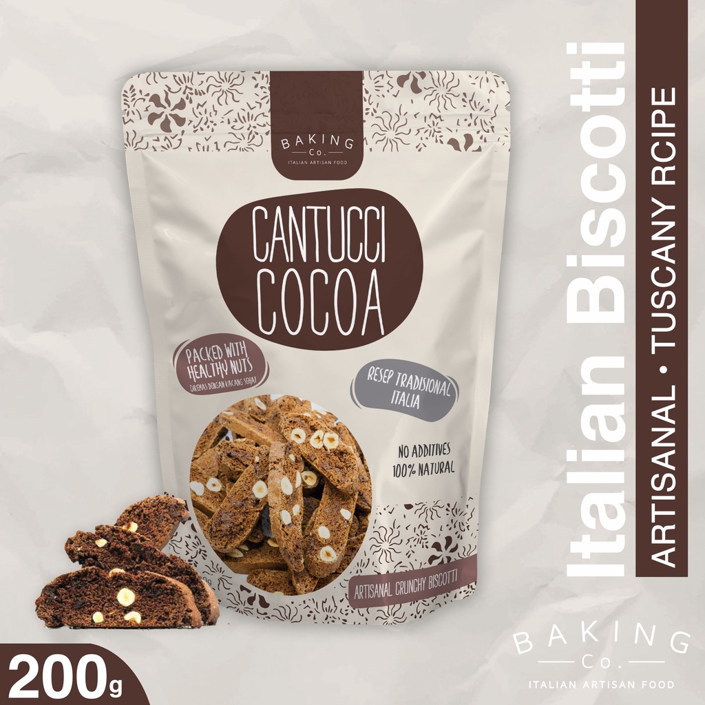 

BakingCo Biscotti Cantucci Cocoa Dark Chocolate & Hazelnut - 200 gr - Italian Tradition, kue kering, cemilan manis, sehat, cookies, biskuit