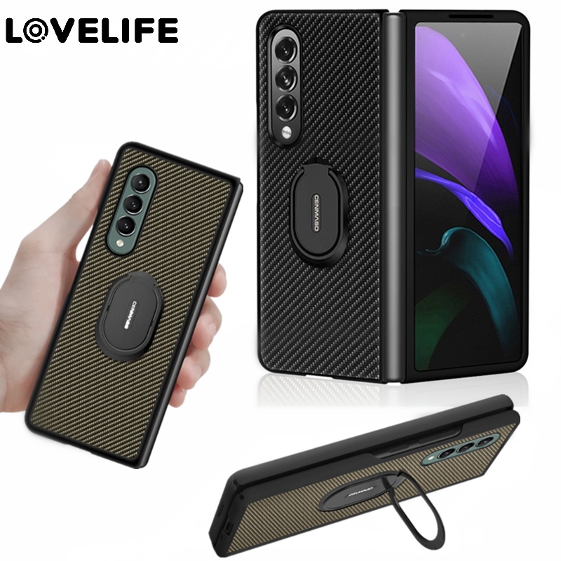 Casing Hard Case Carbon Fiber Ultra Tipis Shockproof + Ring Holder Untuk Samsung Galaxy Z Fold 3