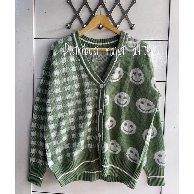 Cardigan Rajut Oversize Tartan Motif smile C1 Outerwear Kancing Tebal