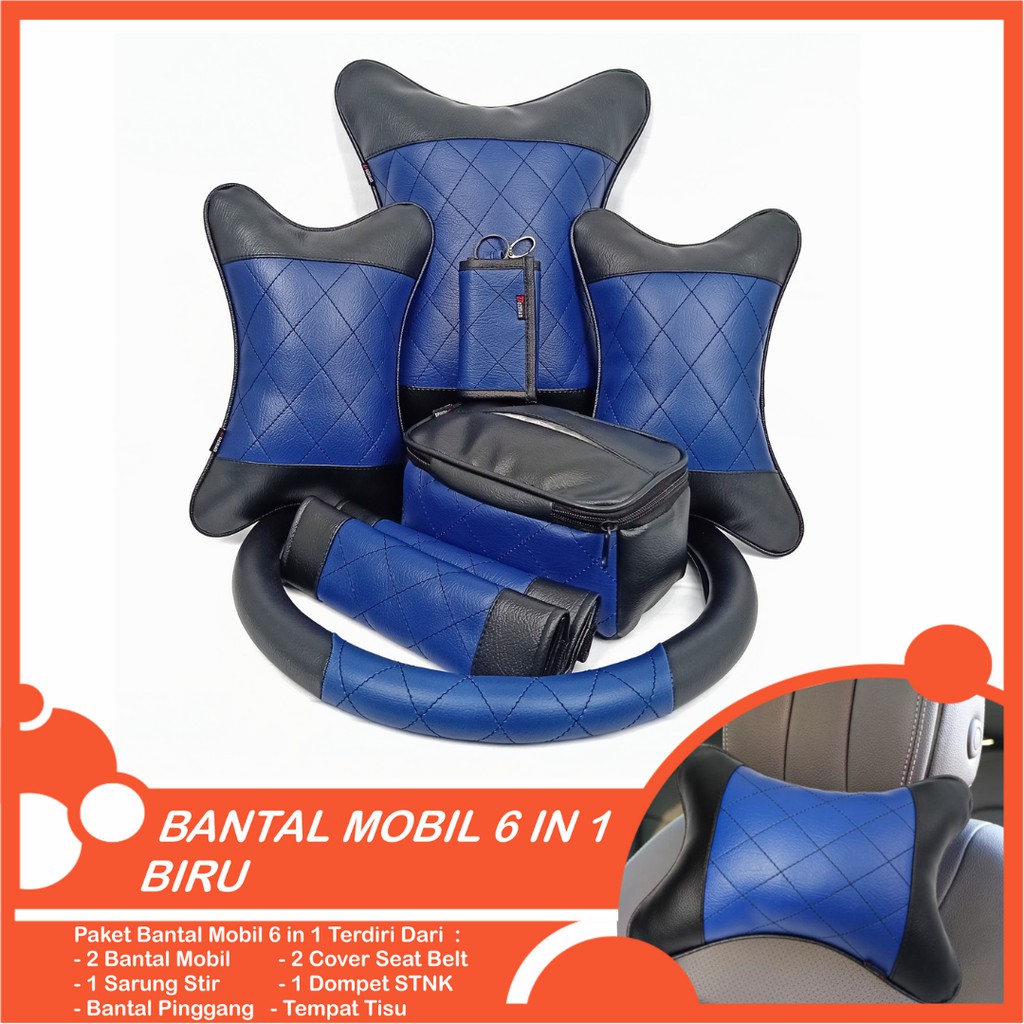 Set Bantal Mobil 6 in 1 Premium Bantal Leher Pinggang Cover Stir Seatbelt Tempat Tisu Free  Dompet STNK