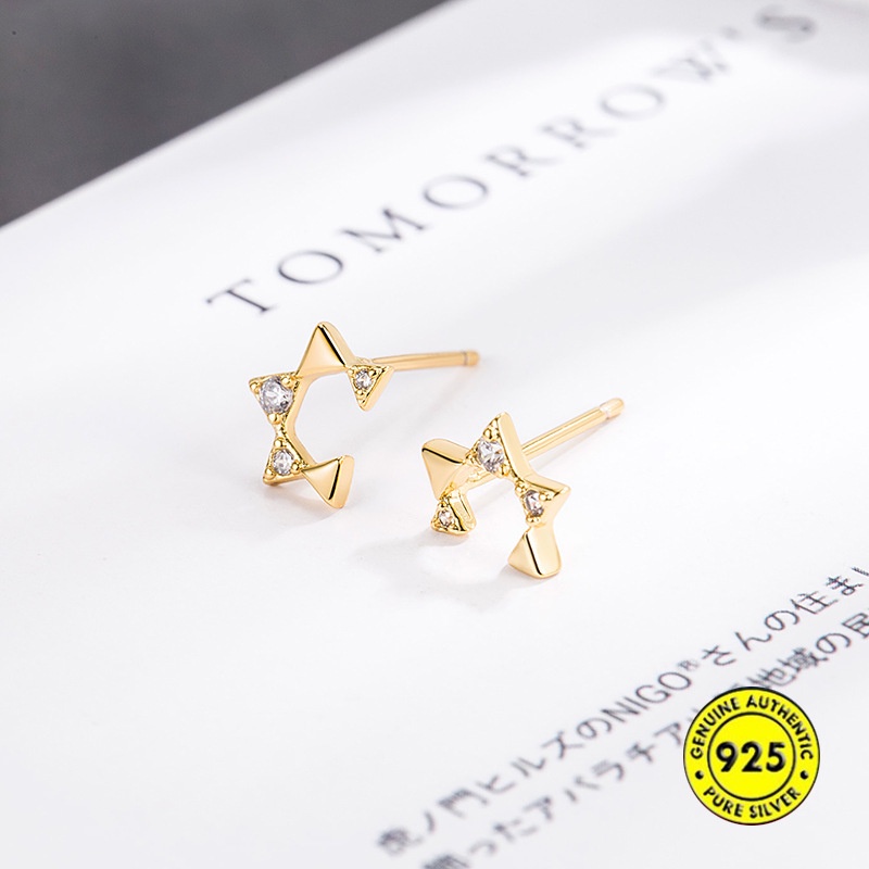 Anting Tusuk Sterling Silver Model Pentagram Terbuka Aksen Berlian Mini Untuk Wanita