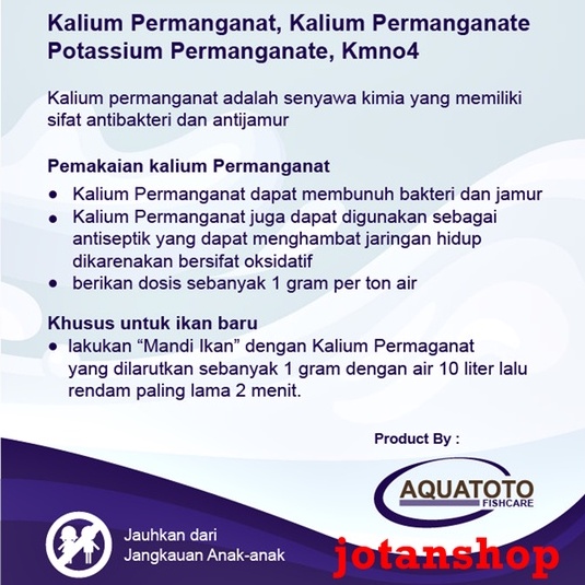 Kalium Permanganat AQUATOTO 5GR PK Obat Ikan hias Koi kalsum permangat aquarium kolam