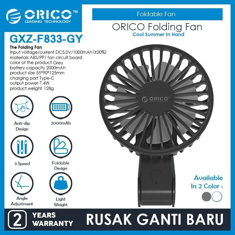 Desktop fan Orico 2000mah foldable portable handheld neck type-c 3 speed fan gxz f833 - kipas angin