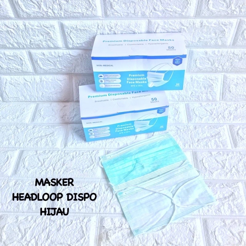 MASKER HEADLOOP HIJAU FACEMASK 1BOX ISI 50PCS / HIJAB 3PLY MURAH