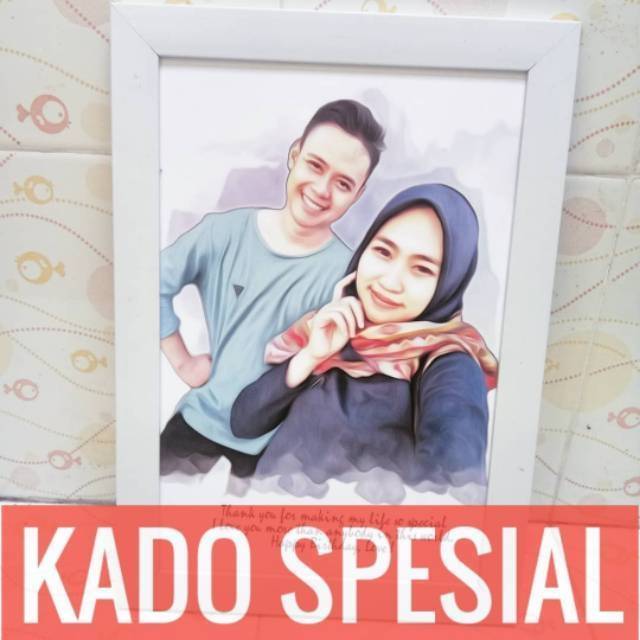 Karikatur 2 Wajah + Bingkai - Ilustrasi Wajah Jasa Edit Foto Sketsa Wajah Cetak Foto Kado Wisuda Kad