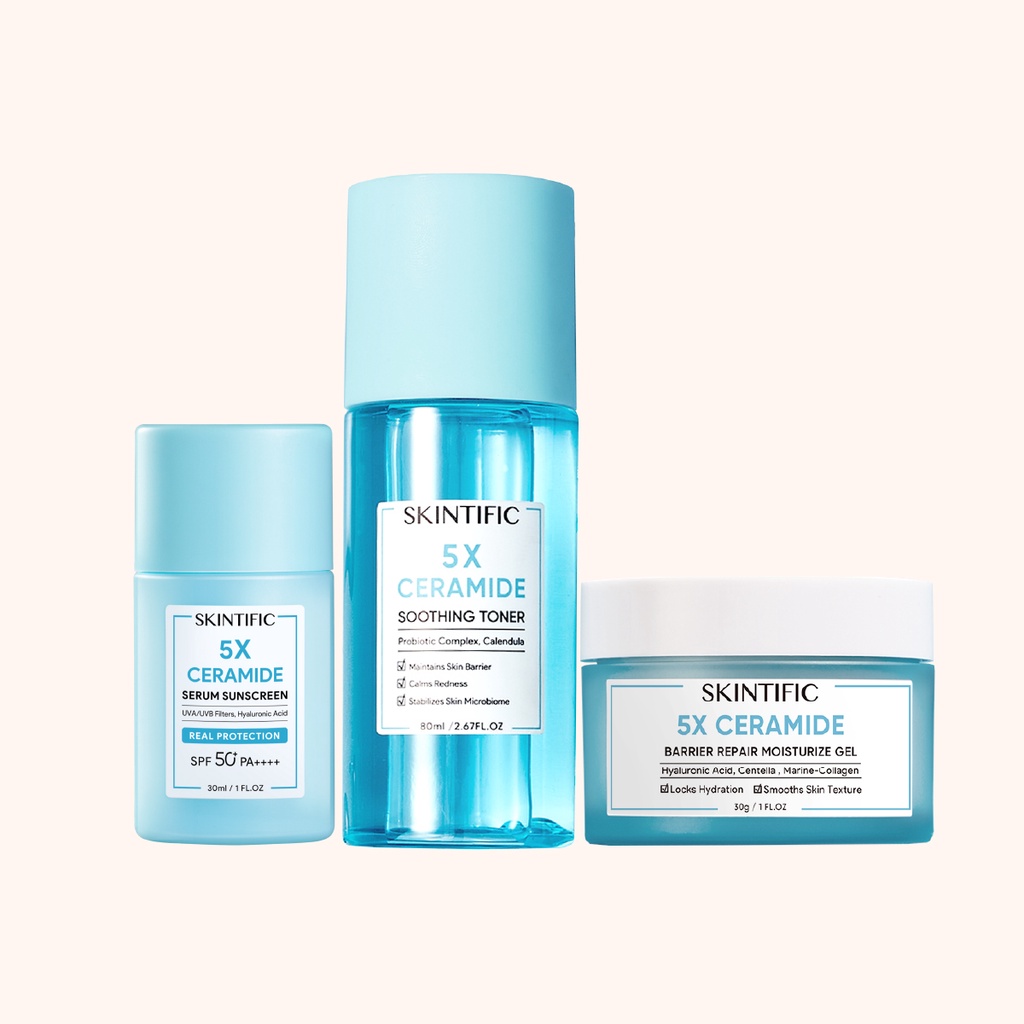 [Ready Stock] ori SKINTIFIC 5X Ceramide Serum Sunscreen set Moisturizer Face Cream + Face Sunscreen + Soothing Toner Face Toner Skin Toner Barrier Repair Day and Night Skincare Packet