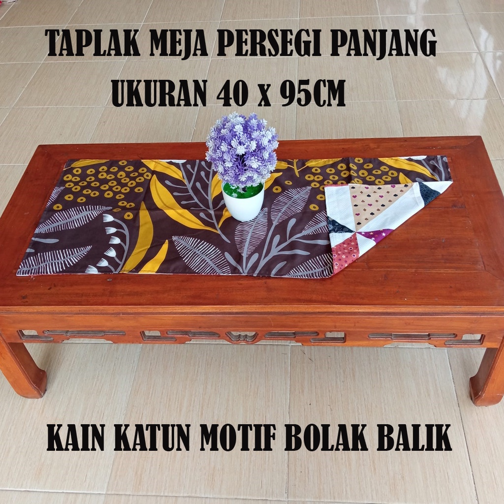 Taplak Meja Persegi Panjang Kain Katun Motif Bolak Balik Atas Bawah Batik Bunga Abstrak Ukuran 40x95cm