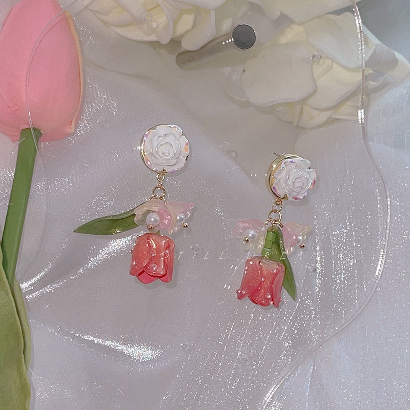 Anting Mutiara Bentuk Bunga Tulip Warna Pink Gaya Retro