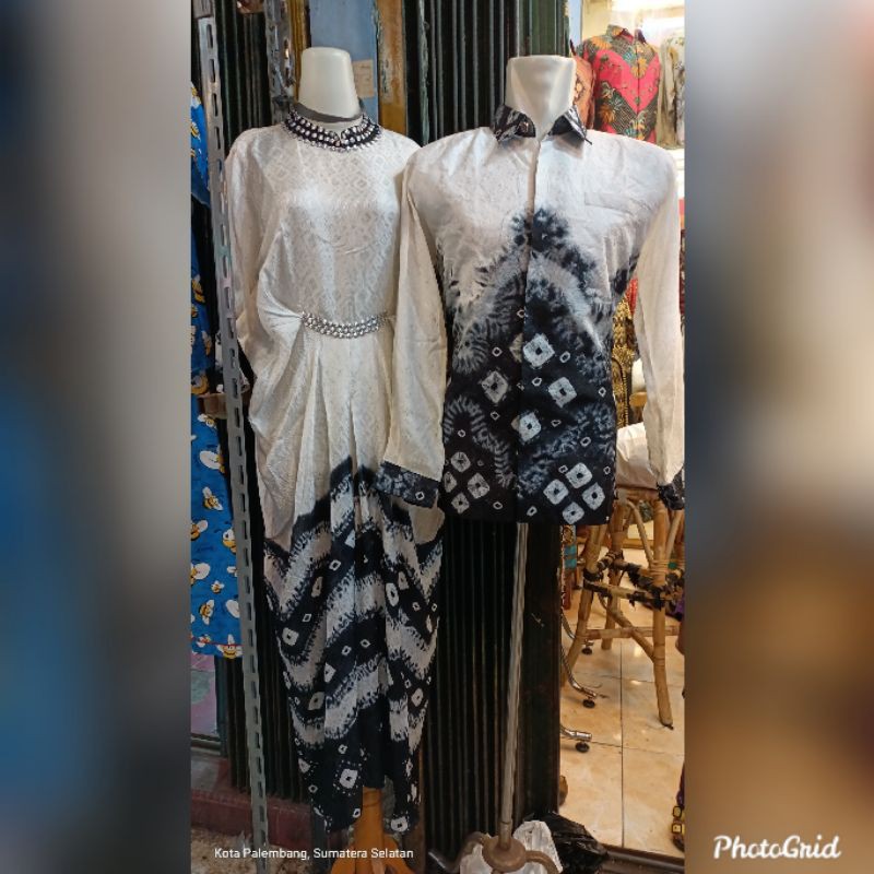 Couple Kaftan jumputan Palembang bahan viscose hitam putih