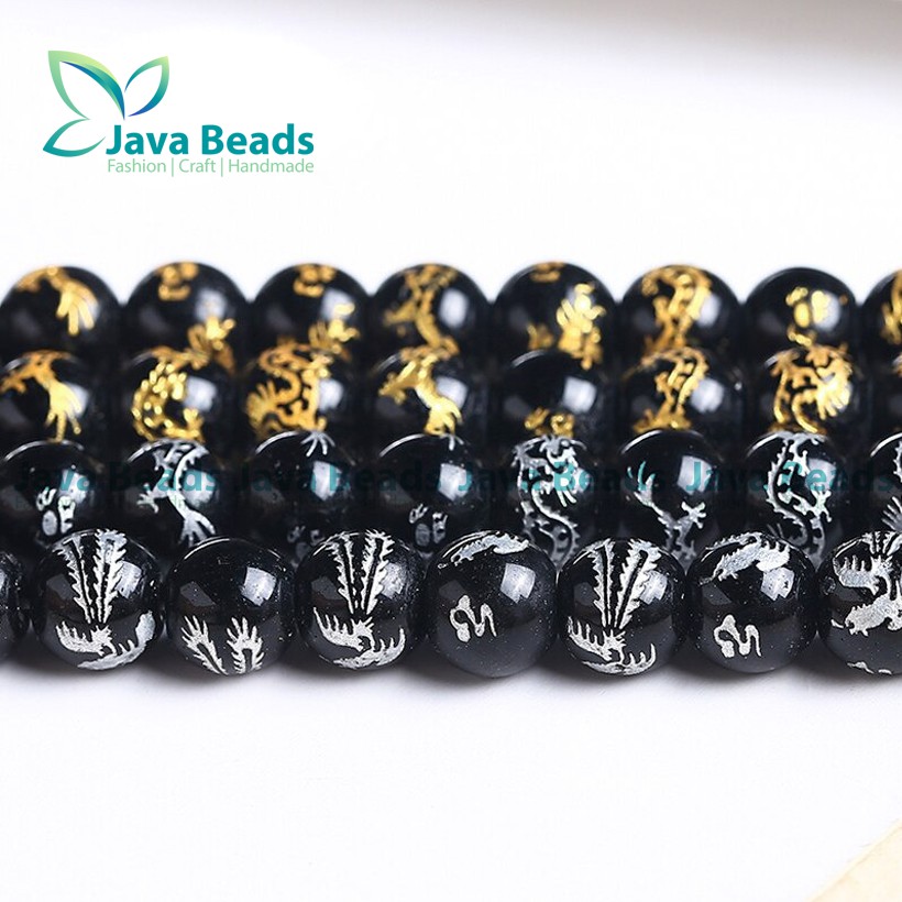 Batu Tibet Naga Glass beads Black Color Carved With Gold Silver Color Dragon Beads