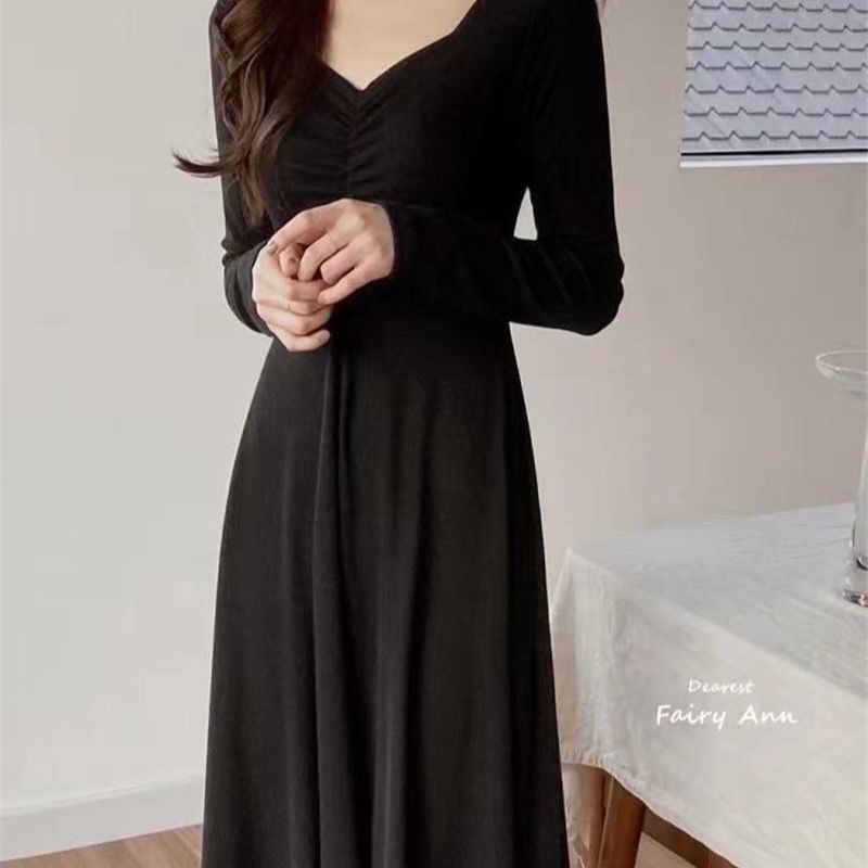 korean style pure desire French dress long sleeve V-neck waist-slimming long dress