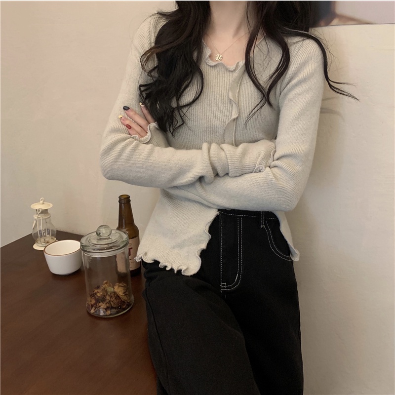 Knit Crop Top Korea Lengan Panjang Wanita Knitwear Atasan Wanita