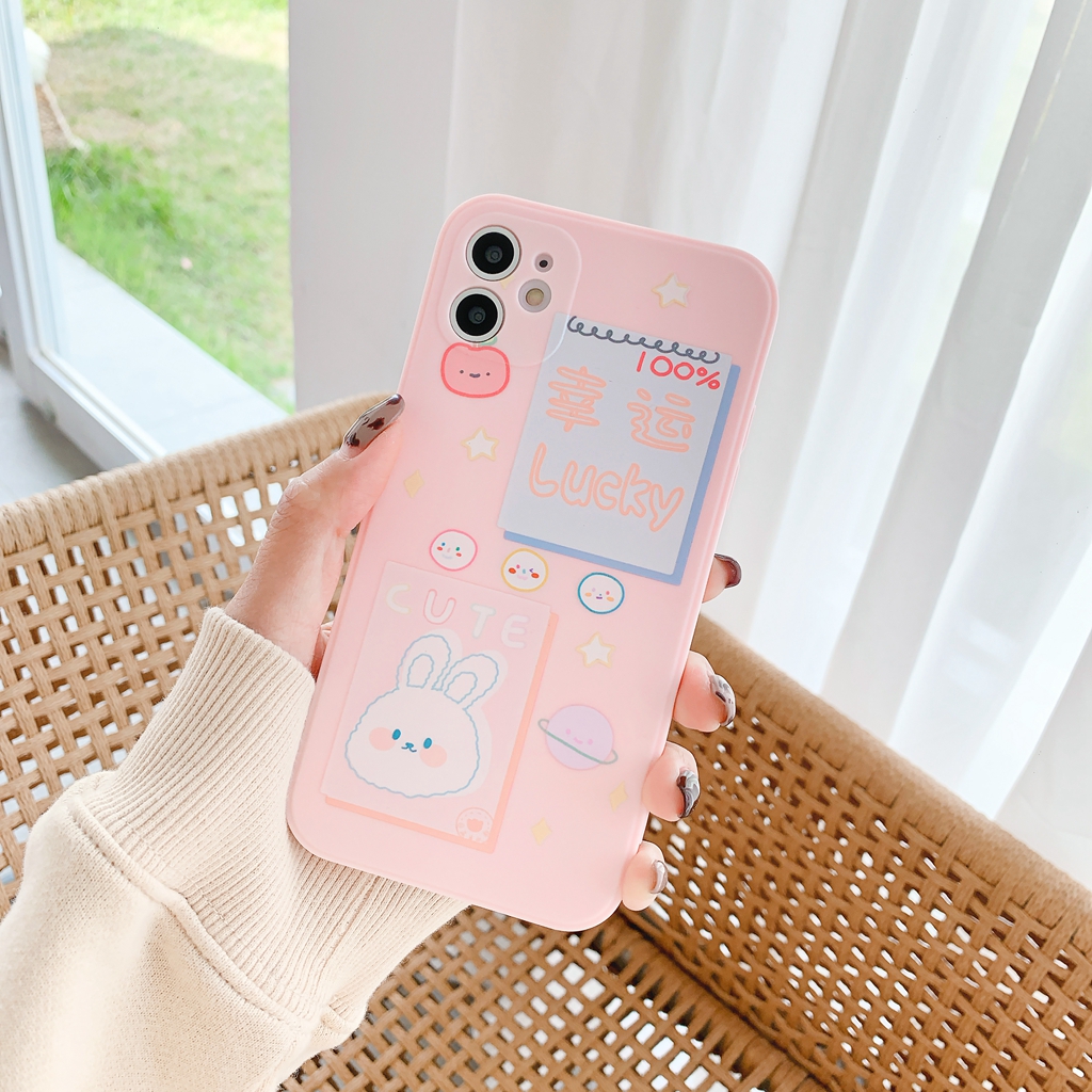 Luck bunny cute Bear pattern white iphone case 6 6s 7 8 plus XR 11 12 mini pro max Straight edge protection camera phone Cover-4