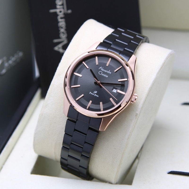 JAM TANGAN WANITA ALEXANDRE CHRISTIE AC 1027 BLACK ROSEGOLD STAINLESS STEEL ORIGINAL