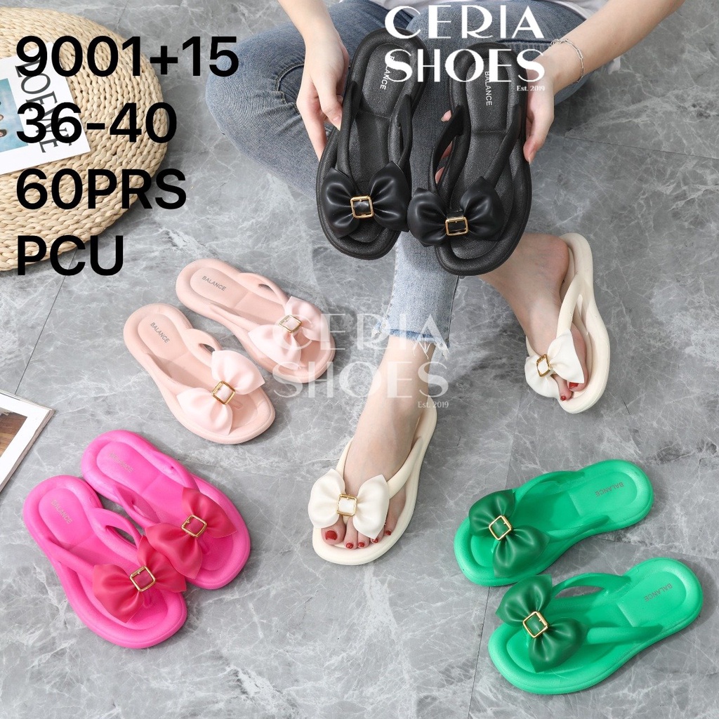 PVC Sandal Jepit Wanita Import Bangkok Material Rubber PVC Non-Slip Elastic Motif Pita Kupu 9001-15