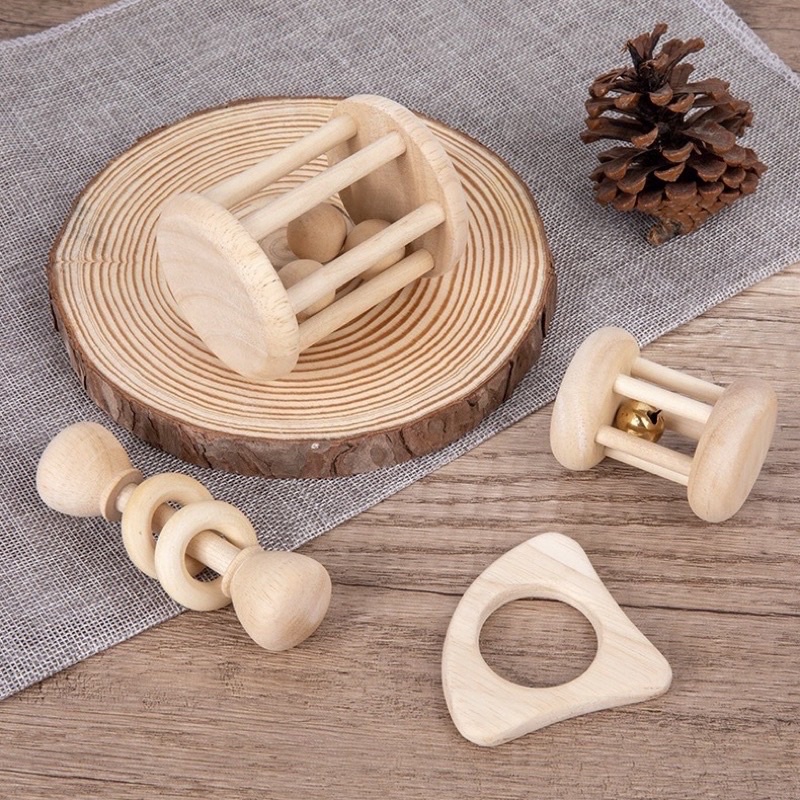 Wooden Baby Rattle Toy Montessori Teething Ring Log Geometric Grab Toy Set mainan genggam bayi