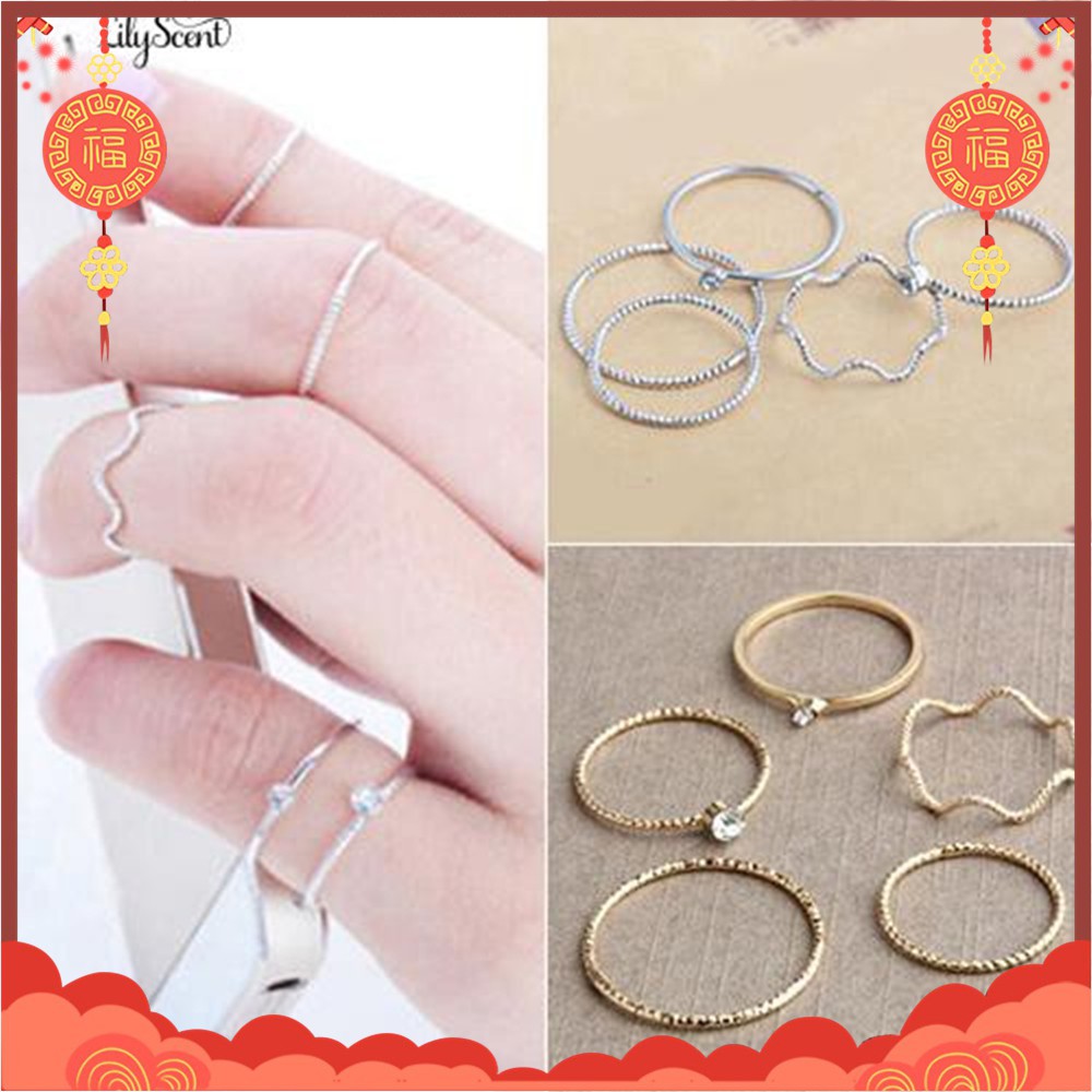 5 Pcs / Set Cincin Gelombang Stack Di Atas Knuckle Rings