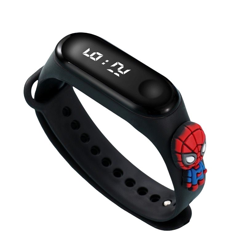Jam Tangan Digital Elektronik Tahan Air Led Rubber IP67 Motif Kartun Anak Laki-laki Perempuan Pria Wanita Couple Dewasa Semua Umur Gelang JF061 JA006-BLACK SPIDERMAN