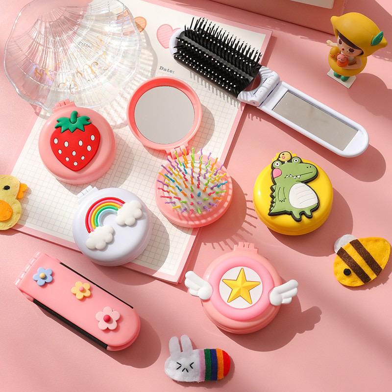 Sisir Lipat Set Plus Cermin Motif Lucu/Sisir Lipat Motif/Sisir Lipat Bulat Dengan Cermin Ala Korea/S