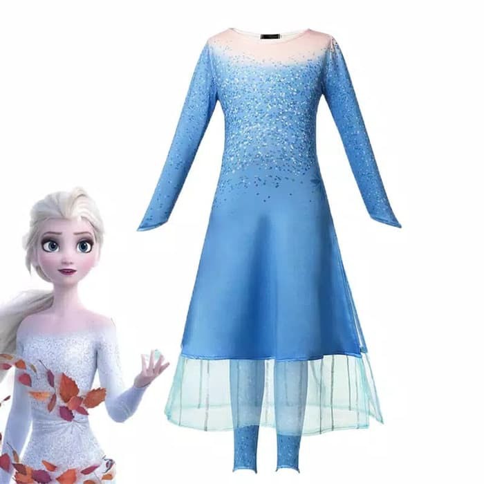 Baju Frozen 2 Anak Perempuan Stelan Elsa Ratu Gaun Celana Panjang Set Cosplay Costume Lengan Panjang