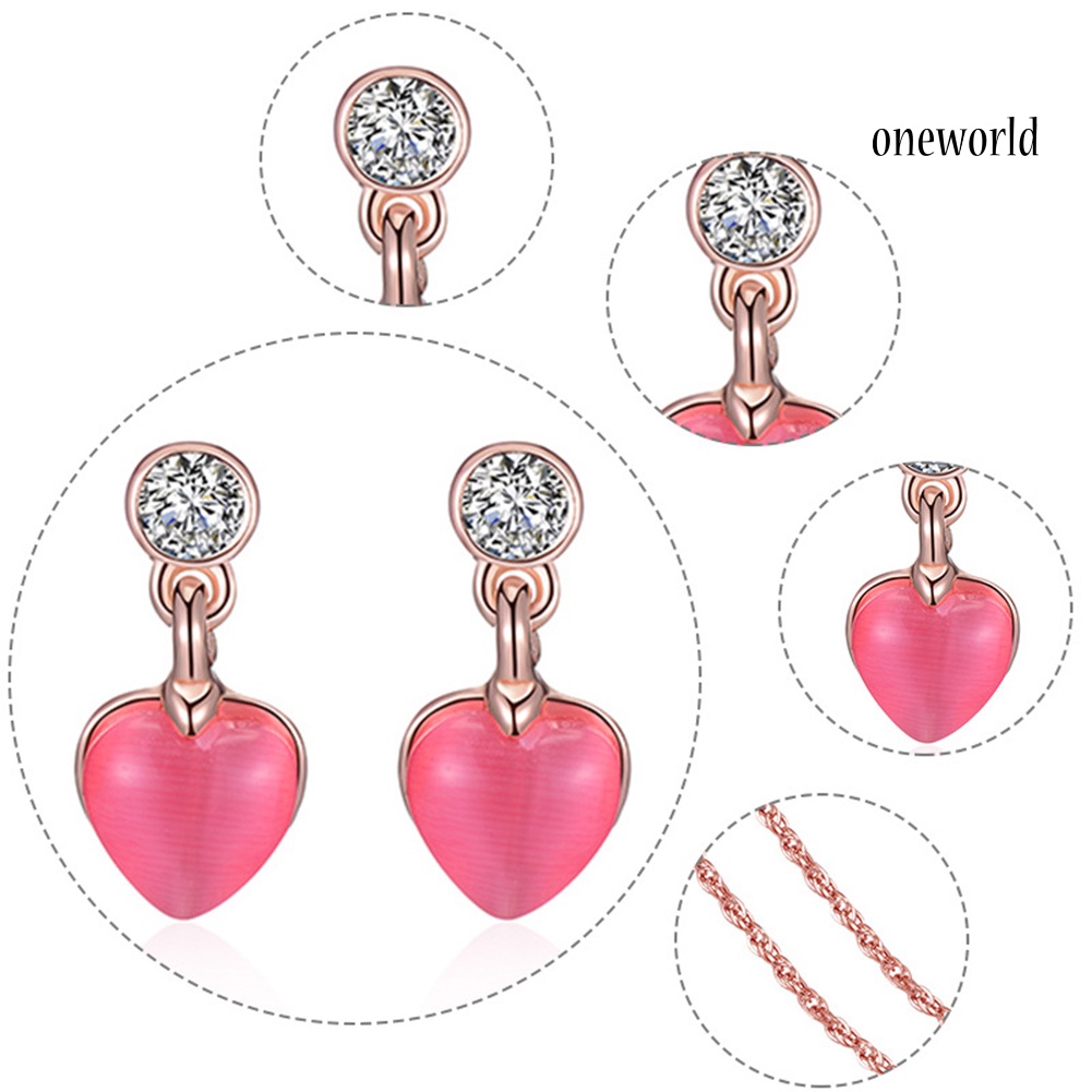 OW@ Romantic Rhinestone Faux Gem Love Heart Pendant Necklace Earrings Jewelry Set